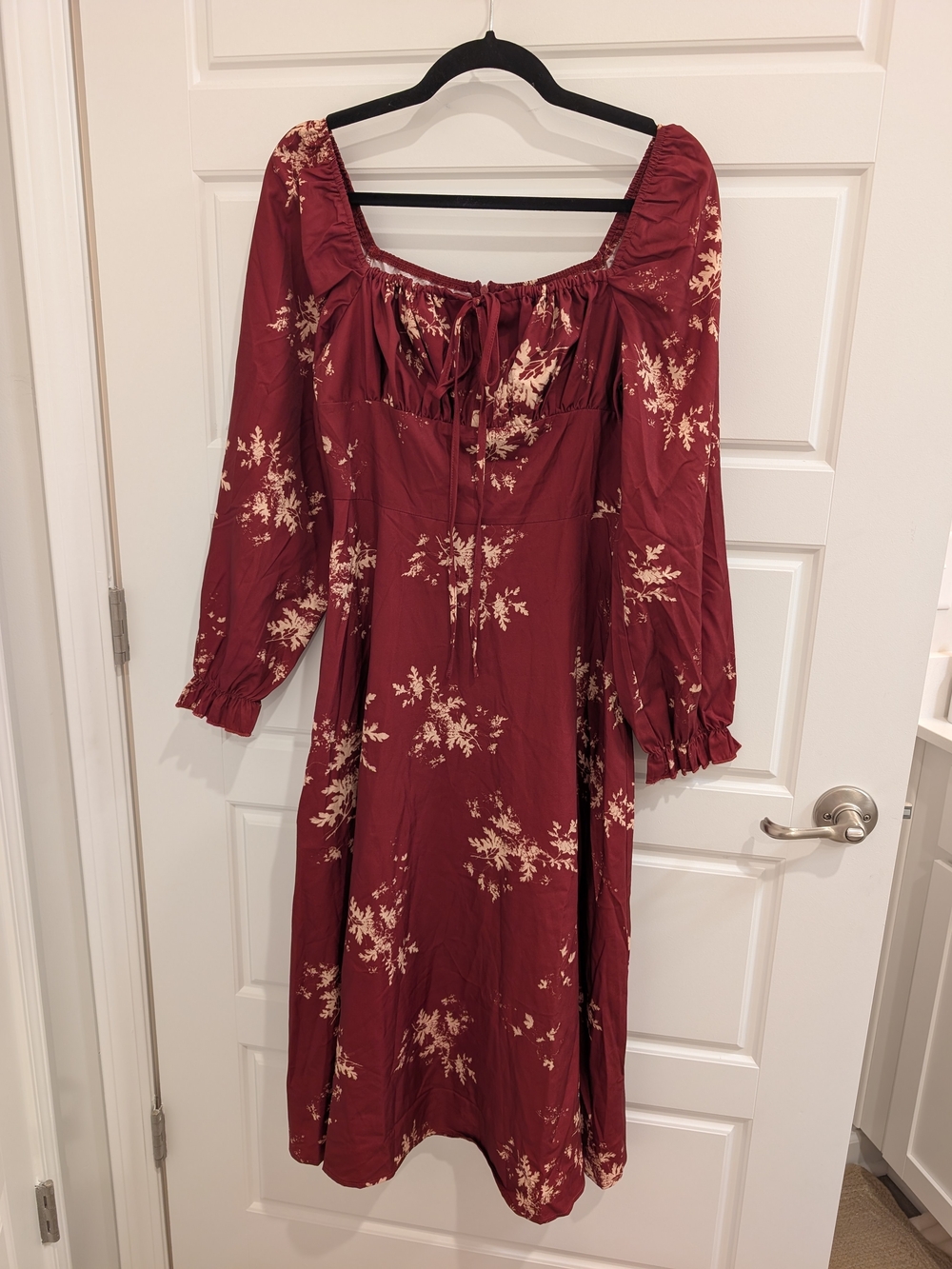 RIHOAS Burgundy Floral Long Sleeve Midi Dress, Perfect For Fall!